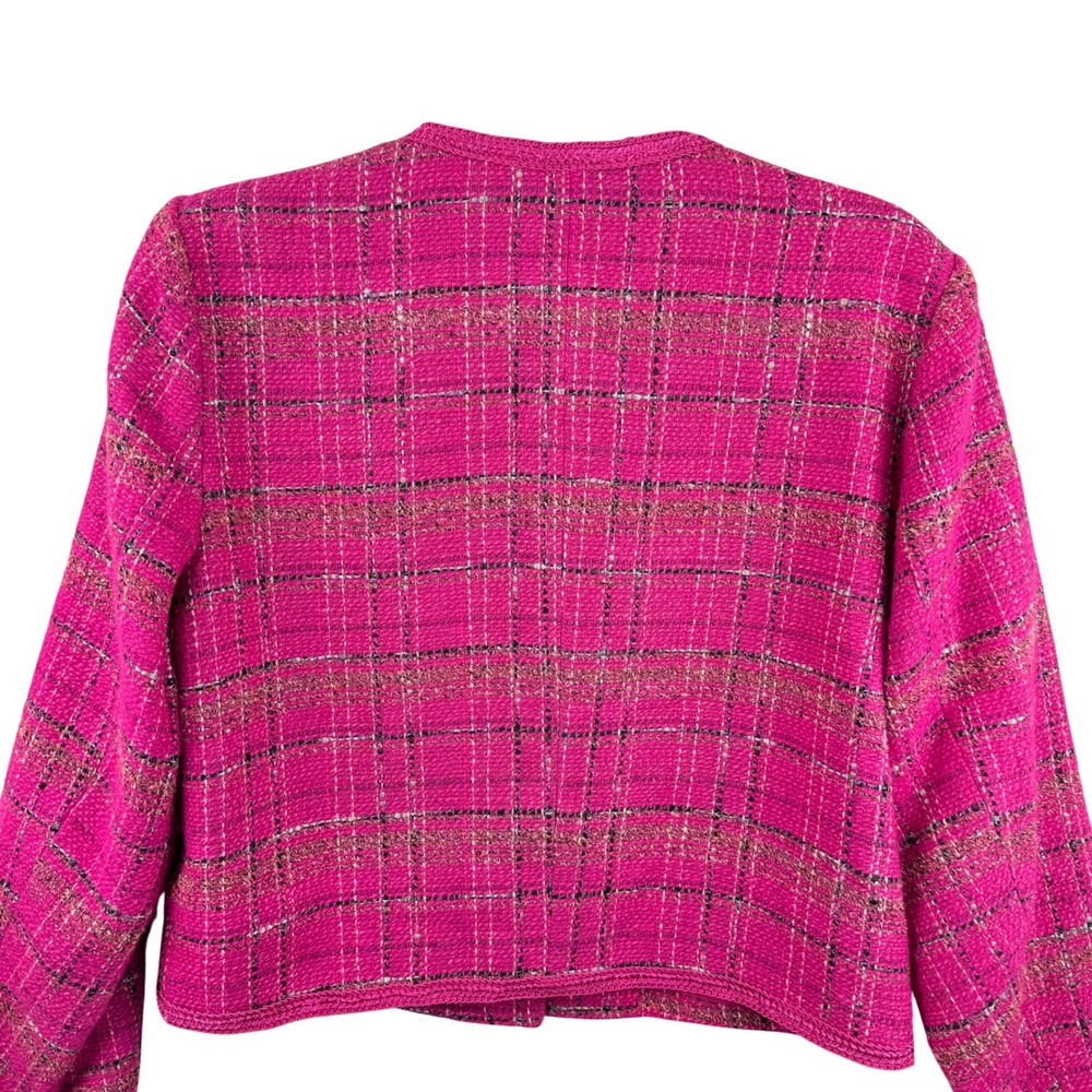 AQUA Tweed Plaid Jacket Women Medium Pink Gold Button Cropped Wool Blend Preppy - Picture 8 of 13
